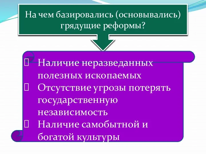 На чем базировались (основывались) грядущие реформы? Наличие неразведанных полезных ископаемых