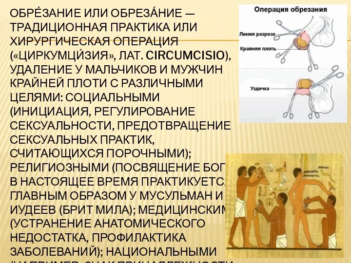 ОБРЕ́ЗАНИЕ ИЛИ ОБРЕЗА́НИЕ — ТРАДИЦИОННАЯ ПРАКТИКА ИЛИ ХИРУРГИЧЕСКАЯ ОПЕРАЦИЯ («ЦИРКУМЦИ́ЗИЯ»,