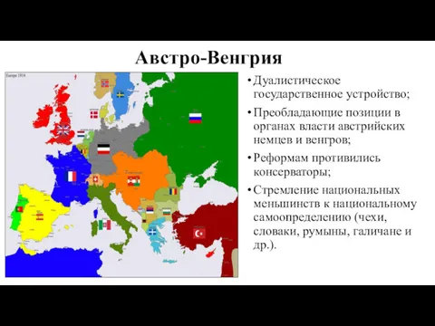 Австро-Венгрия Дуалистическое государственное устройство; Преобладающие позиции в органах власти австрийских немцев и венгров;