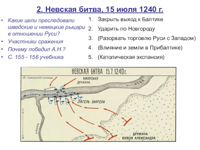 2. Невская битва, 15 июля 1240 г. Какие цели преследовали