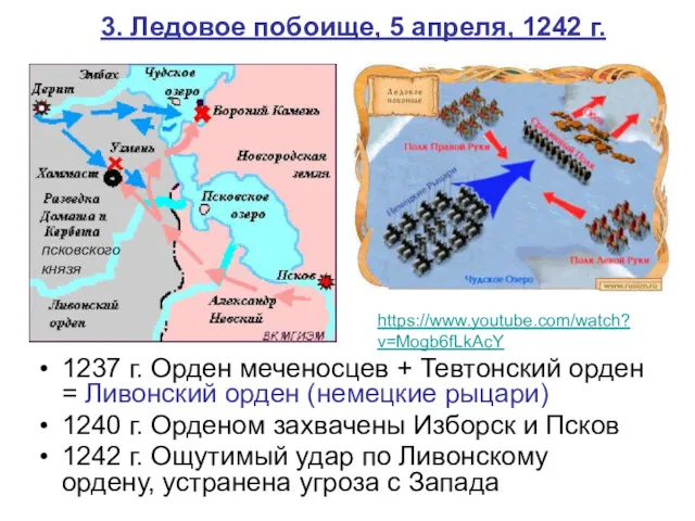 3. Ледовое побоище, 5 апреля, 1242 г. 1237 г. Орден