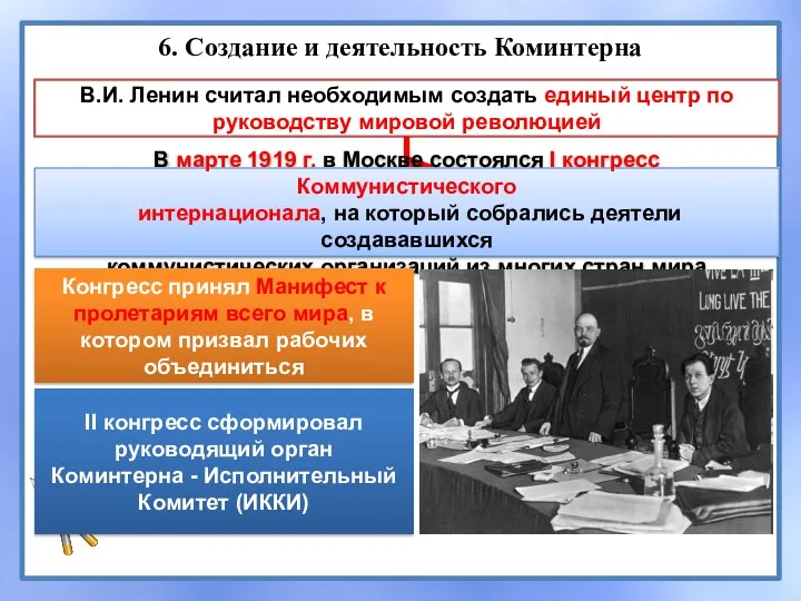 6. Создание и деятельность Коминтерна В.И. Ленин считал необходимым создать единый центр по