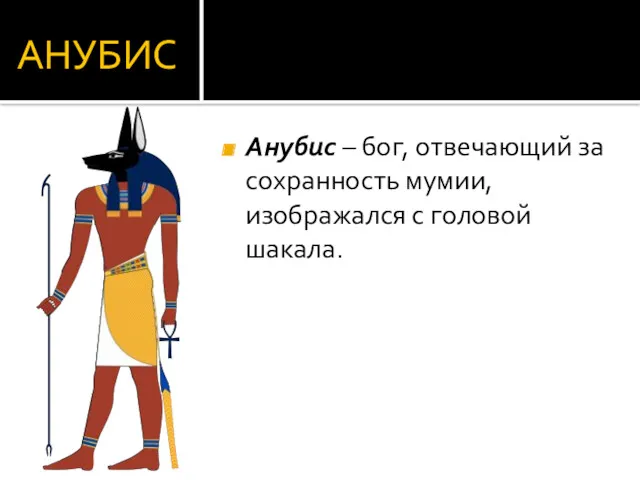 АНУБИС Анубис – бог, отвечающий за сохранность мумии, изображался с головой шакала.