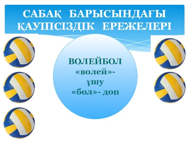 САБАҚ БАРЫСЫНДАҒЫ ҚАУІПСІЗДІК ЕРЕЖЕЛЕРІ ВОЛЕЙБОЛ «волей»- ұшу «бол»- доп