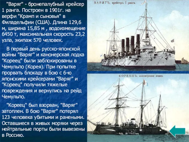 "Варяг" - бронепалубный крейсер 1 ранга. Построен в 1901г. на