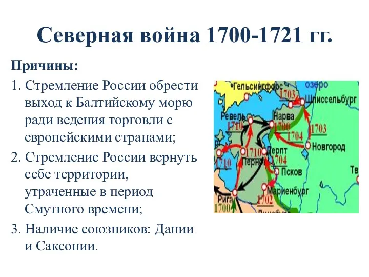 Северная война 1700-1721 гг. Причины: 1. Стремление России обрести выход