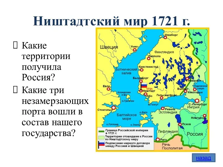 Ништадтский мир 1721 г. Какие территории получила Россия? Какие три