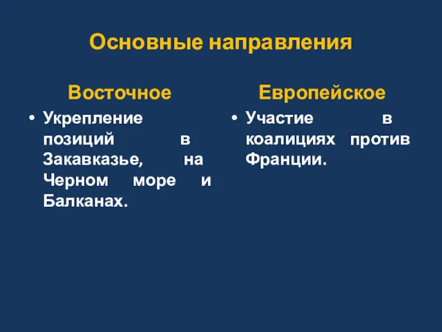 Основные направления Восточное Укрепление позиций в Закавказье, на Черном море и Балканах. Европейское