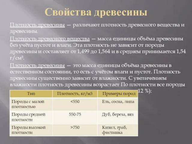 Свойства древесины Плотность древесины — различают плотность древесного вещества и древесины. Плотность древесного