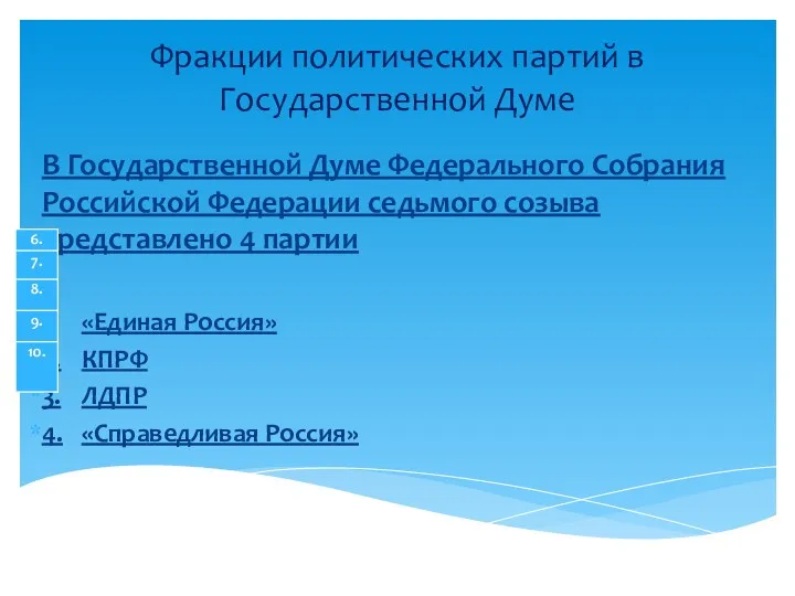 В Государственной Думе Федерального Собрания Российской Федерации седьмого созыва представлено 4 партии 1.