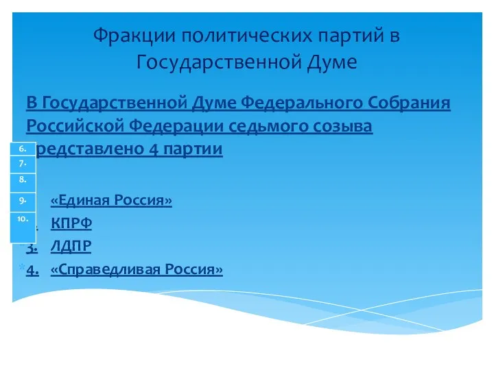 В Государственной Думе Федерального Собрания Российской Федерации седьмого созыва представлено