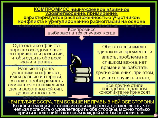 КОМПРОМИСС (вынужденное взаимное удовлетворение, примирение) характеризуется расположенностью участников конфликта к