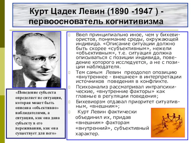 Курт Цадек Левин (1890 -1947 ) - первооснователь когнитивизма «Поведение