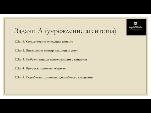 Задачи А (учреждение агентства) -Шаг 1. Удовлетворить ожидания клиента -Шаг