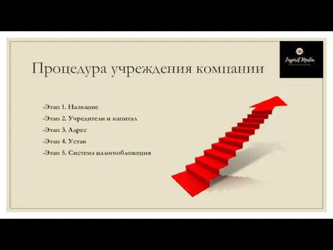 Процедура учреждения компании -Этап 1. Название -Этап 2. Учредители и капитал -Этап 3.