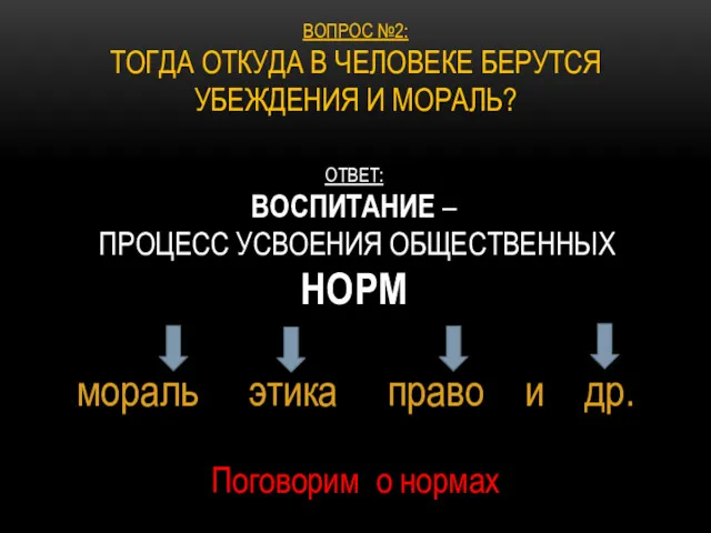 ОТВЕТ: ВОСПИТАНИЕ – ПРОЦЕСС УСВОЕНИЯ ОБЩЕСТВЕННЫХ НОРМ мораль этика право и др. Поговорим