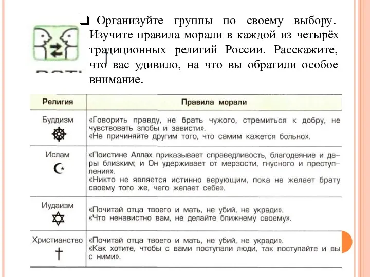 Организуйте группы по своему выбору. Изучите правила морали в каждой