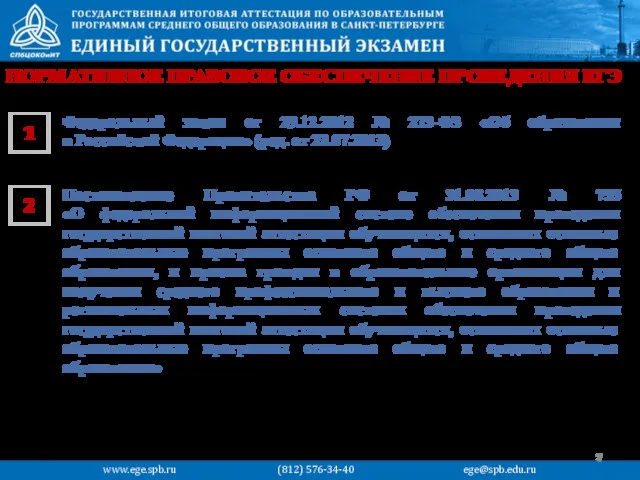 НОРМАТИВНОЕ ПРАВОВОЕ ОБЕСПЕЧЕНИЕ ПРОВЕДЕНИЯ ЕГЭ 1 Федеральный закон от 29.12.2012