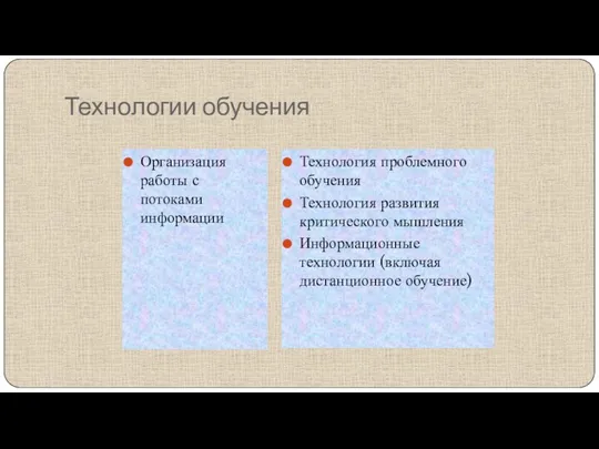 Технологии обучения Организация работы с потоками информации Технология проблемного обучения