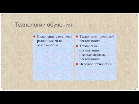 Технологии обучения Включение учеников в различные виды деятельности Технология проектной