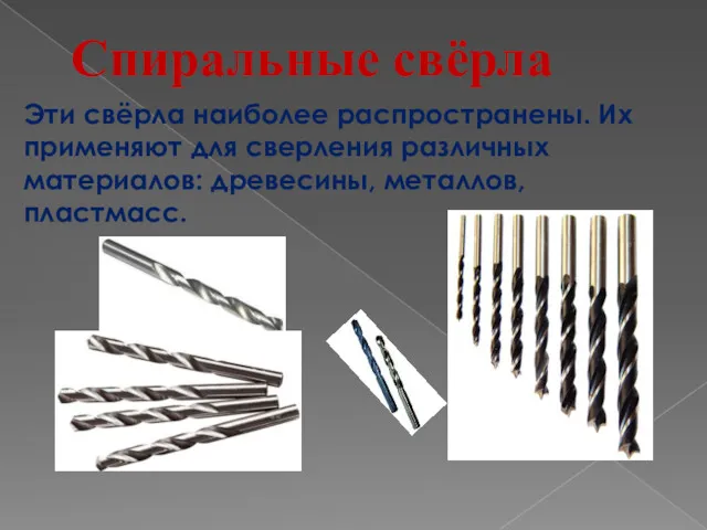 Спиральные свёрла Эти свёрла наиболее распространены. Их применяют для сверления различных материалов: древесины, металлов, пластмасс.