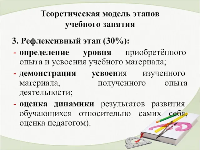 Теоретическая модель этапов учебного занятия 3. Рефлексивный этап (30%): определение уровня приобретённого опыта