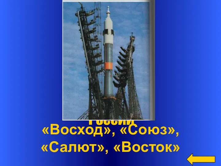 Вопрос Ответ «Восход», «Союз», «Салют», «Восток» Назовите космические корабли СССР и России