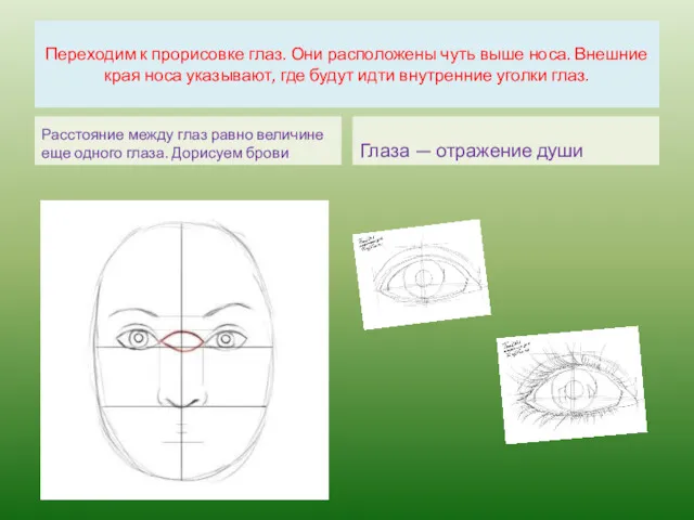 Переходим к прорисовке глаз. Они расположены чуть выше носа. Внешние