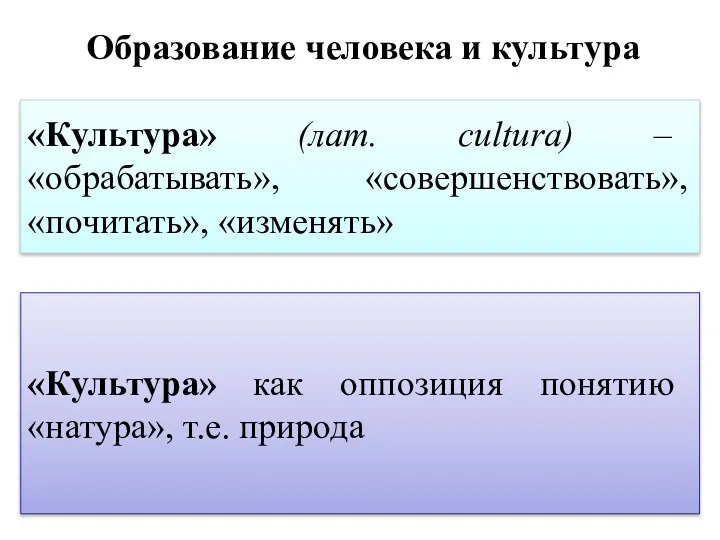 Образование человека и культура «Культура» (лат. cultura) – «обрабатывать», «совершенствовать»,