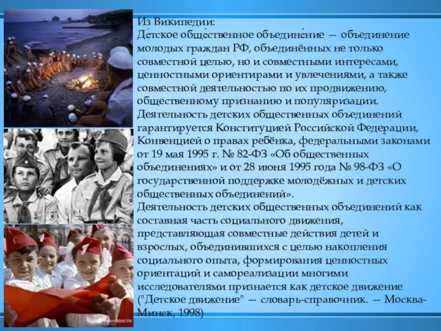 Из Википедии: Де́тское обще́ственное объедине́ние — объединение молодых граждан РФ,