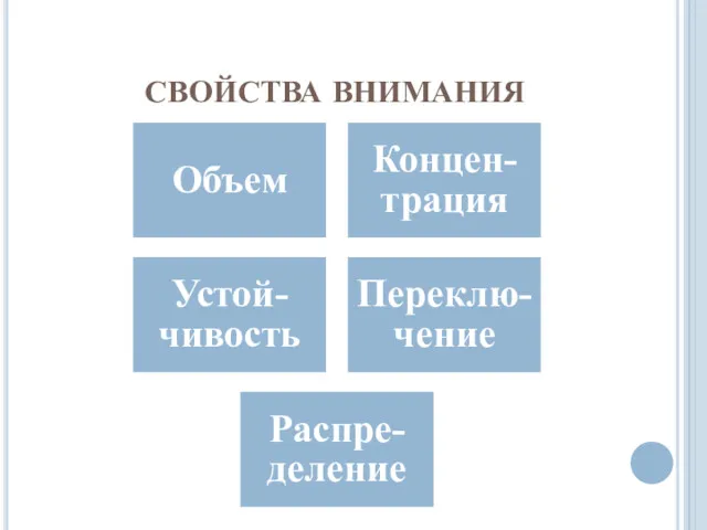 СВОЙСТВА ВНИМАНИЯ Объем Концен-трация Устой-чивость Переклю-чение Распре-деление