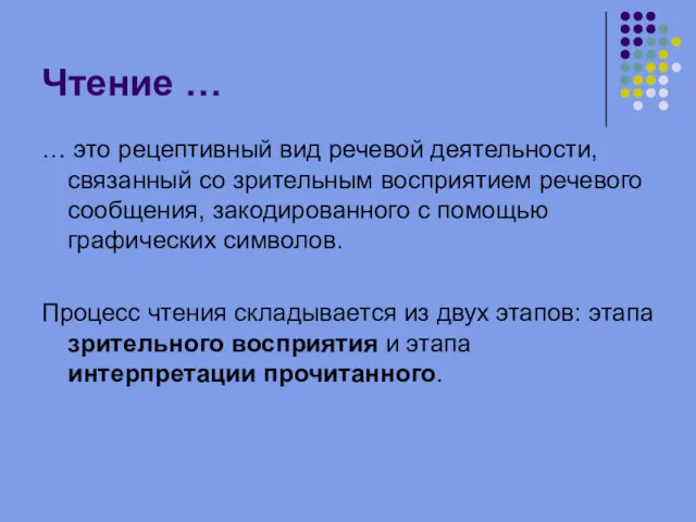 Чтение … … это рецептивный вид речевой деятельности, связанный со зрительным восприятием речевого