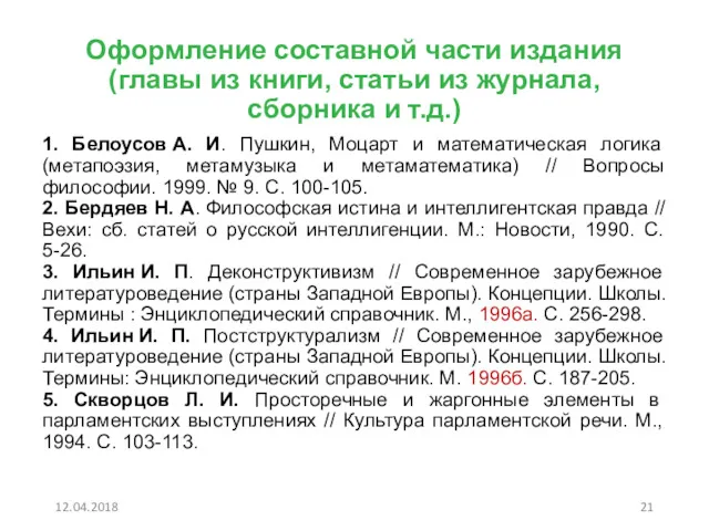 Оформление составной части издания (главы из книги, статьи из журнала,