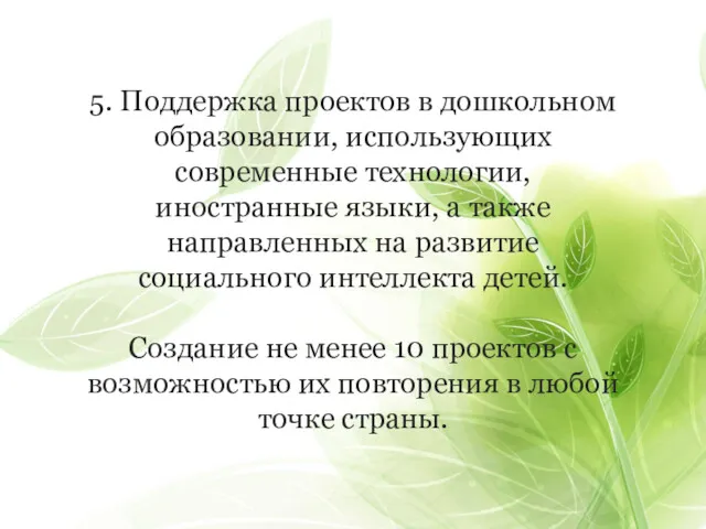 5. Поддержка проектов в дошкольном образовании, использующих современные технологии, иностранные