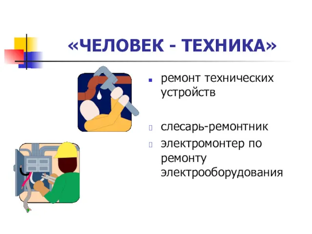 «ЧЕЛОВЕК - ТЕХНИКА» ремонт технических устройств слесарь-ремонтник электромонтер по ремонту электрооборудования