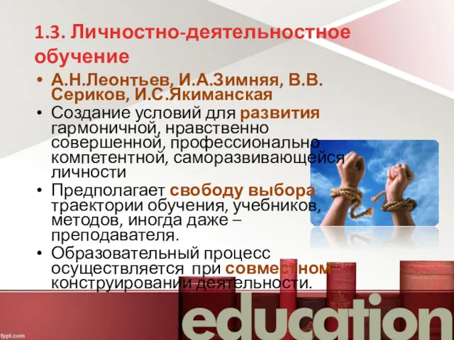 1.3. Личностно-деятельностное обучение А.Н.Леонтьев, И.А.Зимняя, В.В.Сериков, И.С.Якиманская Создание условий для