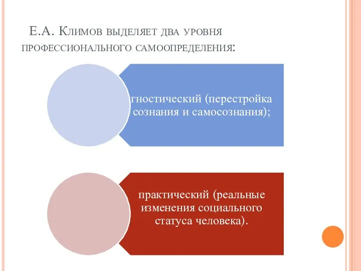 Е.А. Климов выделяет два уровня профессионального самоопределения: