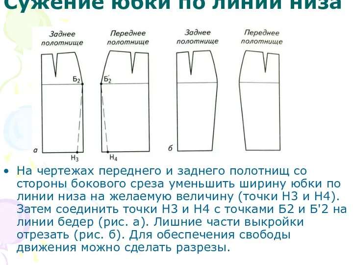 Сужение юбки по линии низа На чертежах переднего и заднего