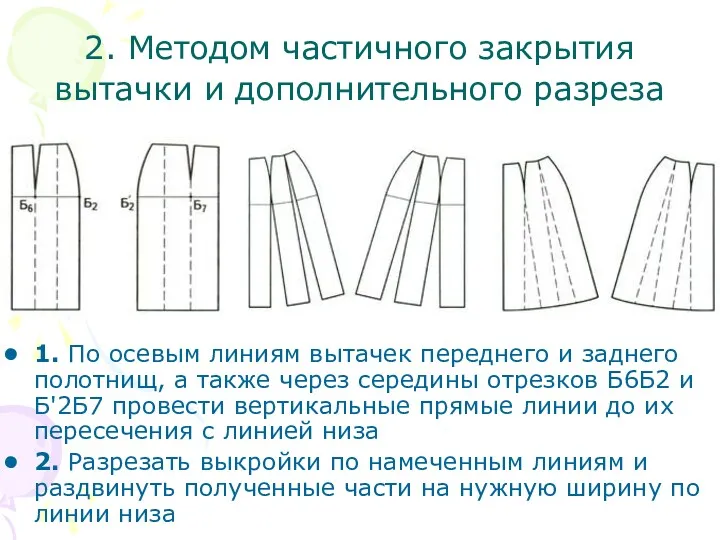 2. Методом частичного закрытия вытачки и дополнительного разреза 1. По