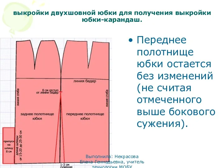 выкройки двухшовной юбки для получения выкройки юбки-карандаш. Переднее полотнище юбки