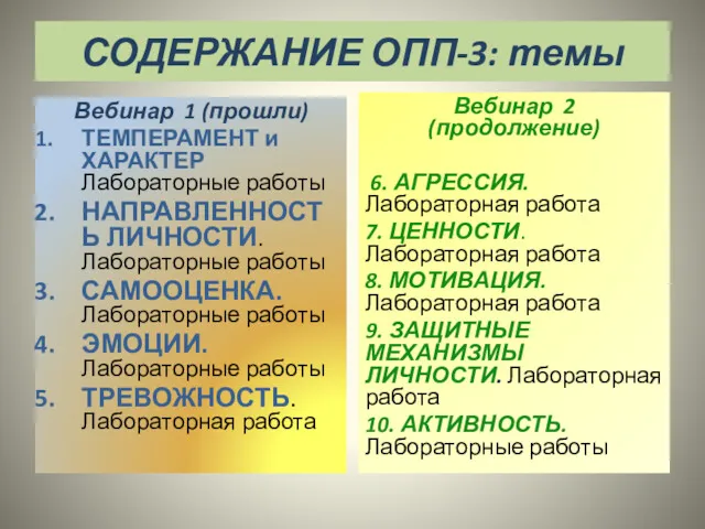 СОДЕРЖАНИЕ ОПП-3: темы Вебинар 1 (прошли) ТЕМПЕРАМЕНТ и ХАРАКТЕР Лабораторные