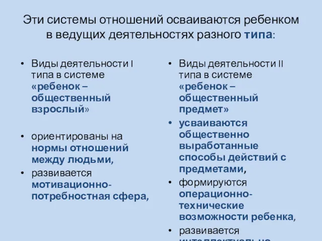 Эти системы отношений осваиваются ребенком в ведущих деятельностях разного типа: