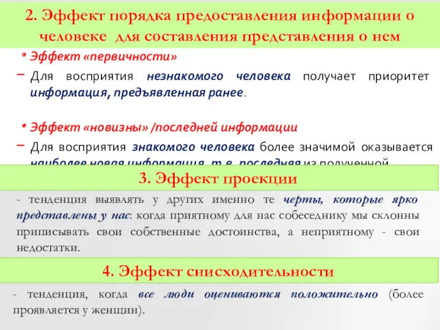 Эффект «первичности» Для восприятия незнакомого человека получает приоритет информация, предъявленная