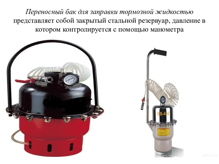 Переносный бак для заправки тормозной жидкостью представляет собой закрытый стальной
