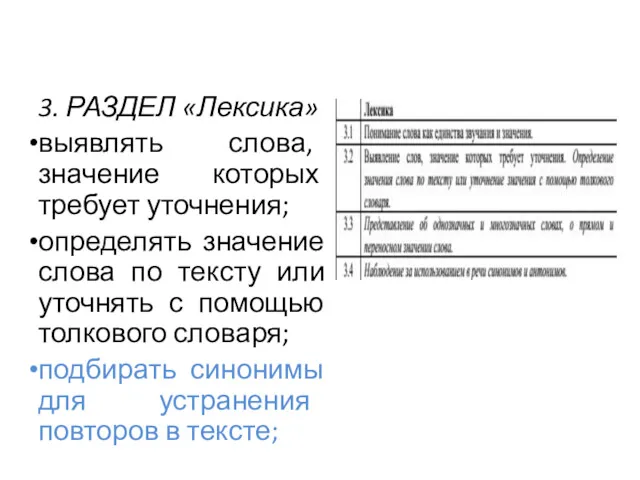 3. РАЗДЕЛ «Лексика» выявлять слова, значение которых требует уточнения; определять