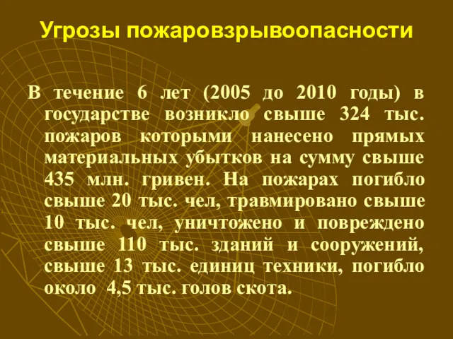 Угрозы пожаровзрывоопасности В течение 6 лет (2005 до 2010 годы)