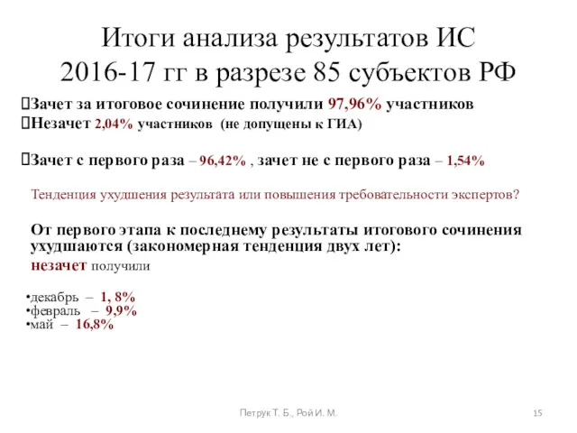 Итоги анализа результатов ИС 2016-17 гг в разрезе 85 субъектов РФ Зачет за
