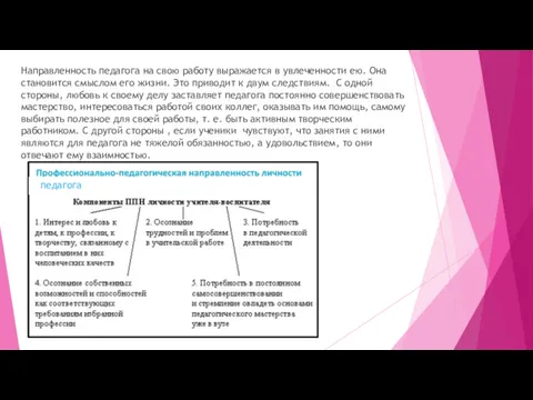 Направленность педагога на свою работу выражается в увлеченности ею. Она