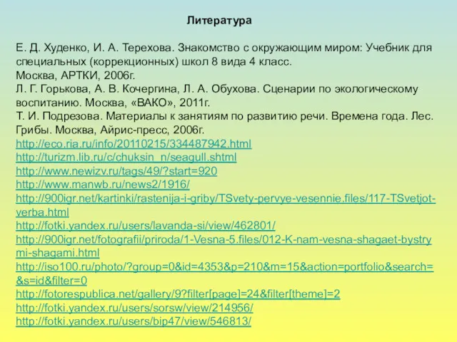 Литература Е. Д. Худенко, И. А. Терехова. Знакомство с окружающим