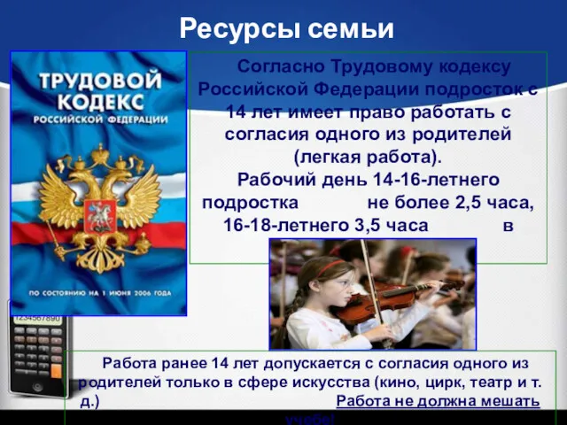Ресурсы семьи Согласно Трудовому кодексу Российской Федерации подросток с 14